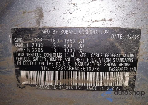 2019 Subaru Impreza 2.0I из США, поврежденный, VIN 4S3GKAB65K3610946